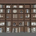 Elegant Decorative Ornaments Set on Wooden Shelf with Photo Frames Vases Seashells Books Stacked Plates