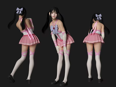 Woman Posing in Pink Dress With White Stockings Double Ponytail Purple Bow and Black Shoes 3d model