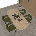 Modern Oval Marble Dining Table With Four Green Chairs And Decorative Items 3d model