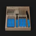 Cutlery Set With Blue Handles In Wooden Box Including Forks Knives And Spoons