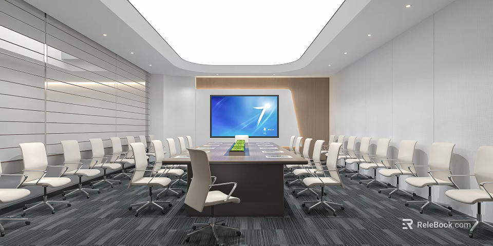 Modern Conference Room Interior With Long Table White Chairs Large Screen And Lighting 3d model 