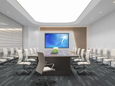 Modern Conference Room Interior With Long Table White Chairs Large Screen And Lighting 3d model