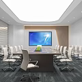 Modern Conference Room Interior With Long Table White Chairs Large Screen And Lighting