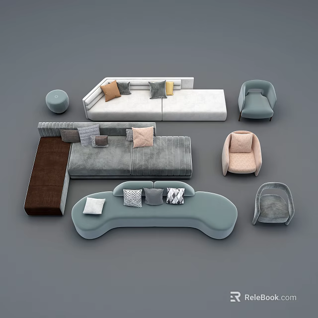 Modern Sofa Set with Various Styles Armchairs Stools and Decorative Cushions 3d model 