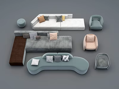 Modern Sofa Set with Various Styles Armchairs Stools and Decorative Cushions 3d model