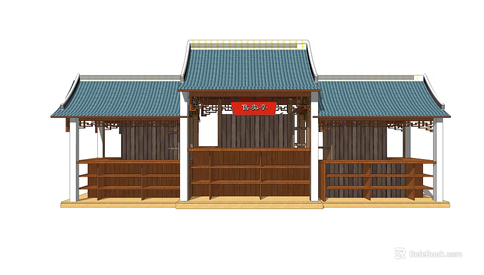 Traditional Chinese Architectural Structure With Blue Tile Roof Wooden Railings And Red Placard 3d model 