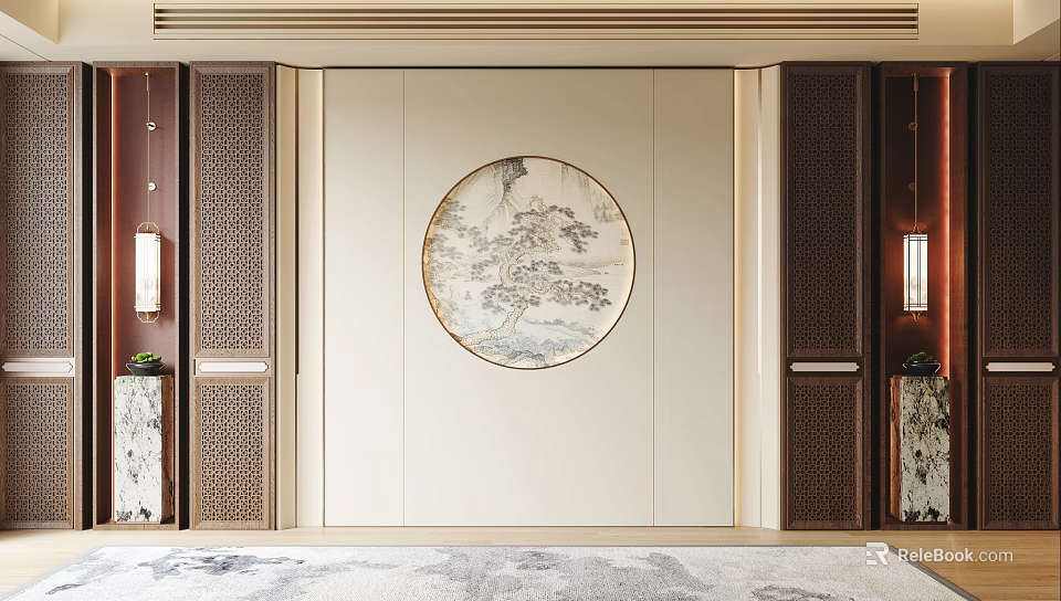 Modern Chinese Sofa Background Wall With Circular Landscape Painting And Wooden Decor 3d model 