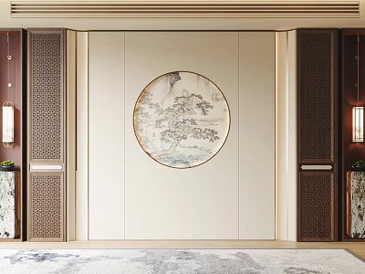 Modern Chinese Sofa Background Wall With Circular Landscape Painting And Wooden Decor 3d model