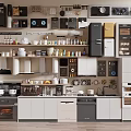 Modern Kitchen Interior Featuring Various Kitchenware Appliances Cabinets And Storage Shelves