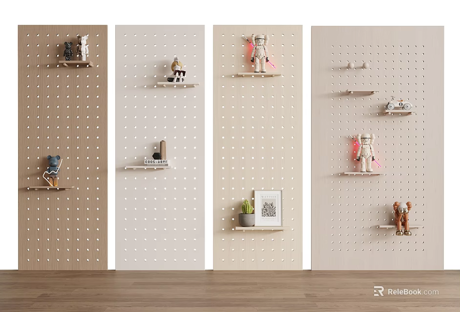 Modern Wall Decor Featuring Pegboard Walls Wooden Shelves And Small Decorative Items 3d model 