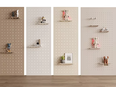 Modern Wall Decor Featuring Pegboard Walls Wooden Shelves And Small Decorative Items 3d model