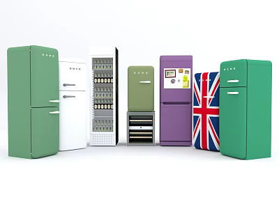 Colorful Refrigerators and Freezers with Different Styles Various Colors and Union Jack Design 3d model