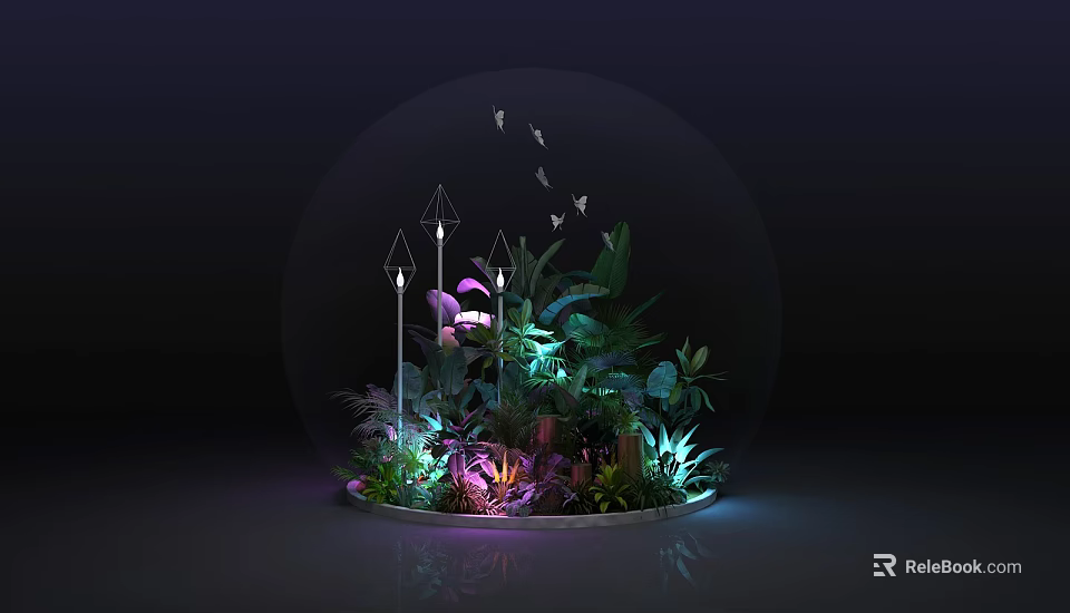Floral Installation Inside Glass Dome With Lush Tropical Plants Geometric Ornaments And Colorful Lighting 3d model 