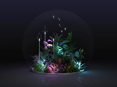 Floral Installation Inside Glass Dome With Lush Tropical Plants Geometric Ornaments And Colorful Lighting 3d model