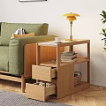 Wooden Coffee Table With Green Sofa Yellow Lamp White Cup And Shelves With Books Basket