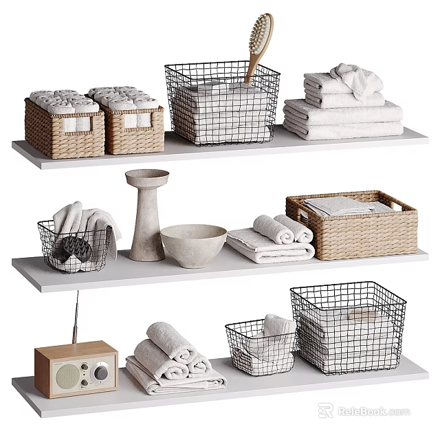 Organized Bathroom Accessories On White Shelves With Wicker Wire Baskets And Folded Towels 3d model 