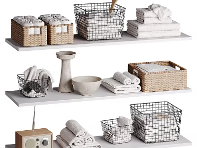 Organized Bathroom Accessories On White Shelves With Wicker Wire Baskets And Folded Towels 3d model