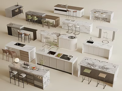 Modern Bar Counter Interior Designs With Marble Surfaces Island And Stools 3d model
