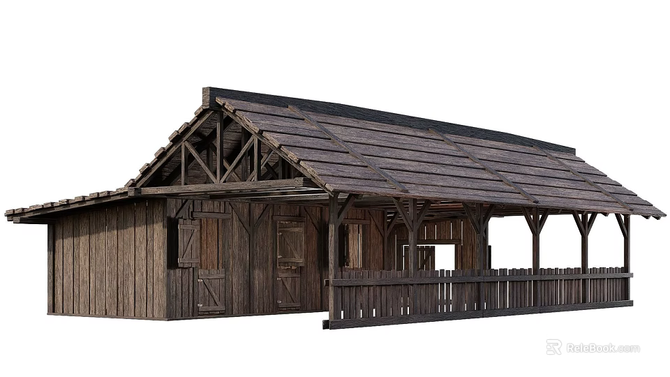 Traditional Ancient Wooden Architecture With Sloped Roof Veranda And Wooden Railing 3d model 
