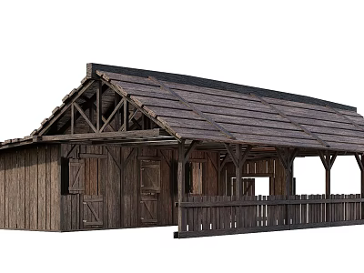 Traditional Ancient Wooden Architecture With Sloped Roof Veranda And Wooden Railing 3d model