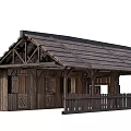Traditional Ancient Wooden Architecture With Sloped Roof Veranda And Wooden Railing