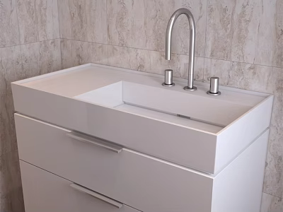 White Bathroom Vanity With Countertop Faucet Knobs Drawers And Patterned Tiled Wall 3d model