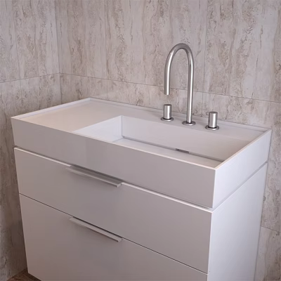White Bathroom Vanity With Countertop Faucet Knobs Drawers And Patterned Tiled Wall 3d model
