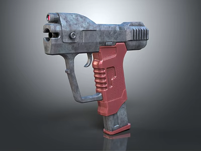 Sci Fi Pistol Weapon With Gray Metallic Body And Red Grip Industrial Design 3d model