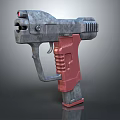 Sci Fi Pistol Weapon With Gray Metallic Body And Red Grip Industrial Design