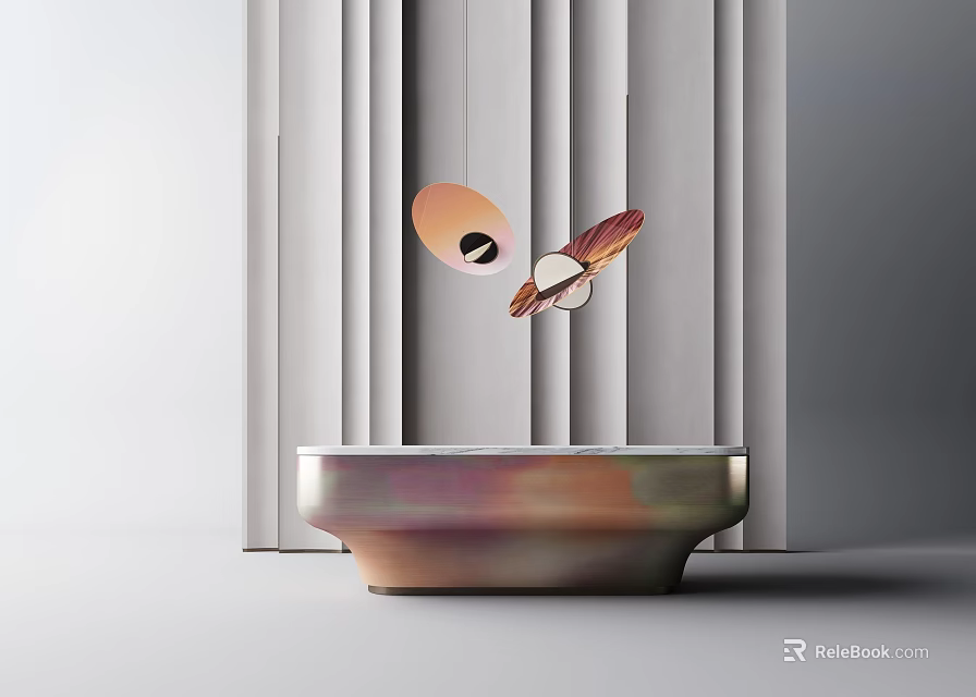 Modern Bar Counter With Metallic Finish And Decorative Hanging Elements 3d model 