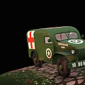 Green Military Ambulance With Red Cross White Star And Large Tires On Stony Ground