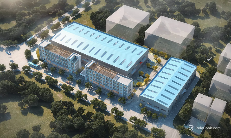 Modern Industrial Factory Building Complex With Blue Roof Design And Surrounding Green Trees 3d model 