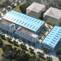 Modern Industrial Factory Building Complex With Blue Roof Design And Surrounding Green Trees