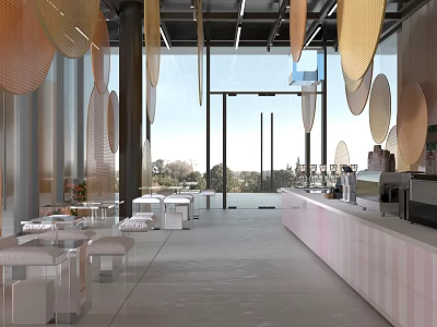 Modern Café Interior With Open Space Round Pendant Lights Transparent Tables And Pink Bar 3d model