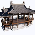 Traditional Ancient Chinese Architectural Structure With Overhanging Eaves Tiled Roof Wooden Balustrades And Stone Steps
