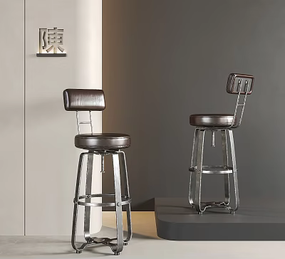 Modern Brown Leather Bar Stools With Metal Frame And Stylish Backrest 3d model