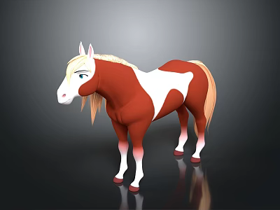 3D Brown and White Horse with Golden Mane Tail Blue Eyes Standing on Black Background 3d model