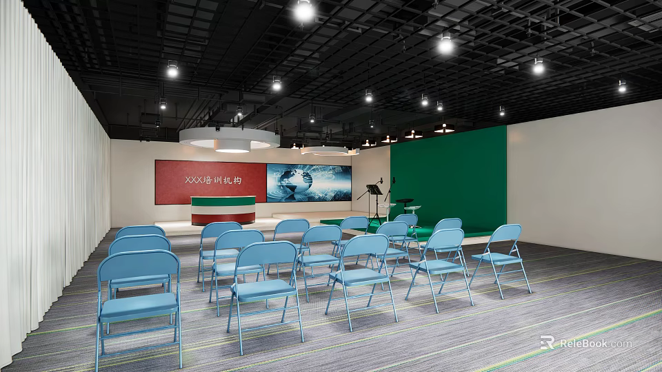 Conference Room With Blue Chairs Podium Red And Green Screens Ceiling Lights And Gray Carpet 3d model 