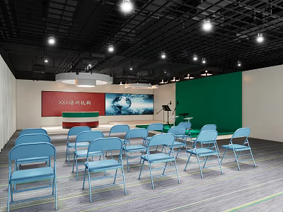 Conference Room With Blue Chairs Podium Red And Green Screens Ceiling Lights And Gray Carpet 3d model