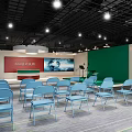 Conference Room With Blue Chairs Podium Red And Green Screens Ceiling Lights And Gray Carpet