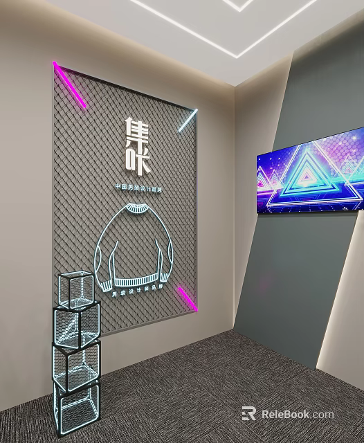 Modern Background Wall Design With Grid Texture Illuminated Lines Metal Display Stand And Screen Showing Geometric Patterns 3d model 