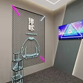 Modern Background Wall Design With Grid Texture Illuminated Lines Metal Display Stand And Screen Showing Geometric Patterns