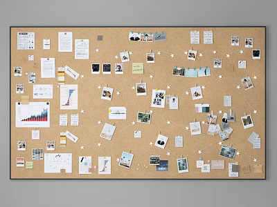 Corkboard Photo Wall Displaying Photos Notes and Papers on Neutral Background 3d model