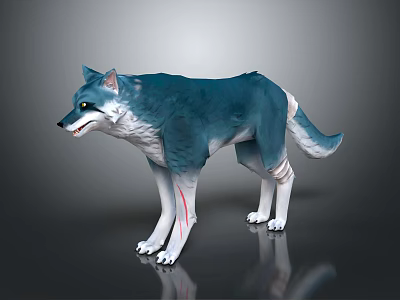 Blue Gray White Wolf With Red Lines On Legs 3D Model On Black Background Reflection 3d model