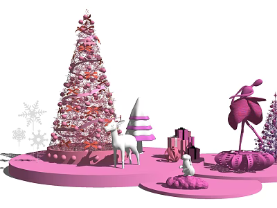 Festive Christmas Photo Spot With Pink Tree White Reindeer Snowflakes And Gift Boxes 3d model