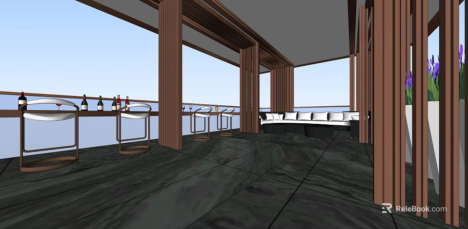 Modern Open Kitchen Interior With Bar Counter Stools Wooden Columns And Sea View 3d model 
