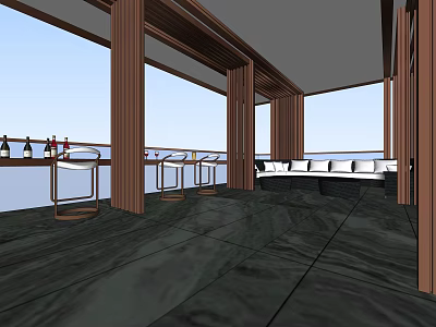 Modern Open Kitchen Interior With Bar Counter Stools Wooden Columns And Sea View 3d model