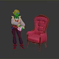 Red Tufted Chair With Wooden Frame And Pink Haired Character In Stylish Outfit