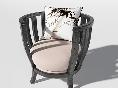 Dark Wooden Frame Armchair With Curved Armrests Light Pink Cushion And White Leaf Pattern Pillow 3d model