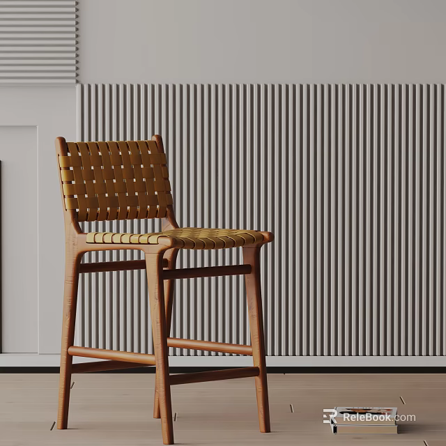 Wooden Bar Stool With Woven Backrest And Natural Seat Design In Modern Style 3d model 